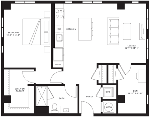 Floor plan for 1 bed, 1 bath, 1005 sqft
